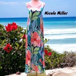 NICOLE MILLER NWT SLEEVELESS FLORAL SATIN LONG MAXI DRESS SMALL